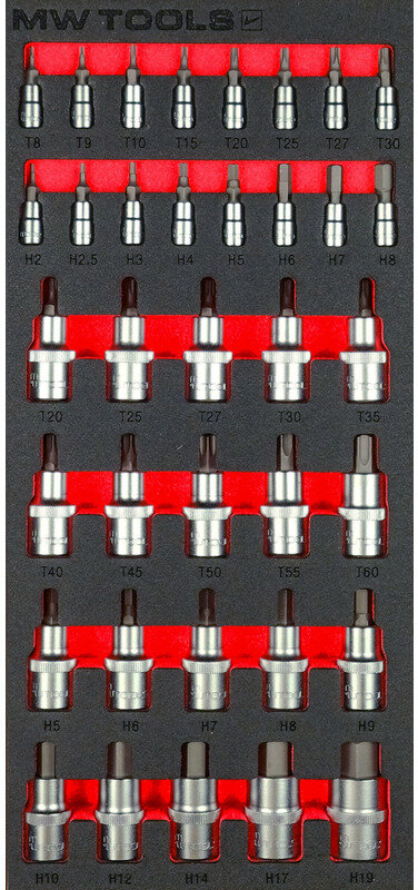 Pipenøkkelsett sekskant-Torx i skumbrett 1/2"-1/4" HEX-TORX 36 deler MW Tools Pipenøkkelsett sekskant-Torx i skumbrett 1/2"-1/4" HEX-TORX 36 deler MW Tools