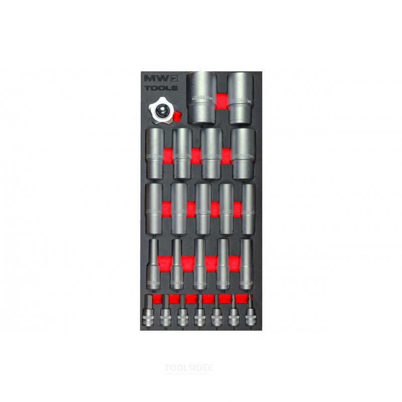 Topnøgle- og hættebitsæt skumbakke 1/2"-3/8" 10-36mm 24 dele MW Tools