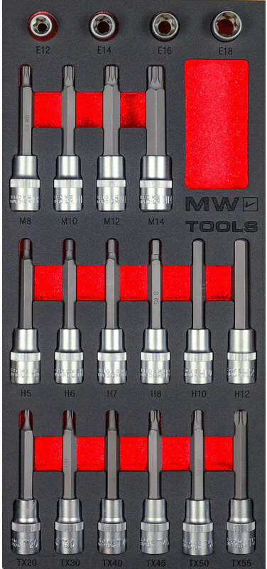 Topnøgle- og bitsæt i skumbakke 1/2" 5-16 mm TORX- HEX- SPLINE 20 dele MW Tools Topnøgle- og bitsæt i skumbakke 1/2" 5-16 mm TORX- HEX- SPLINE 20 dele MW Tools
