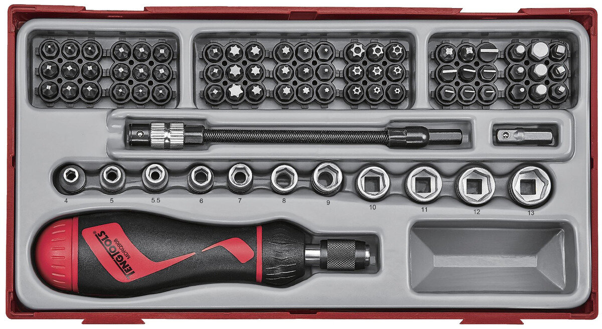Bits- og pipesett med skralleskrutrekker TT1 brett 1/4" PH- PZ- Flat- TX-- TPX- HEX- ROB- gr 84 deler Teng Tools