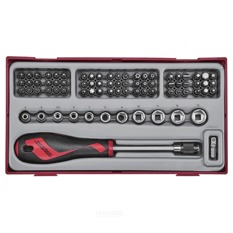 Bit- og topnøglesæt TT1 bakke 1/4" PH - PZ - Flad - TX - TPX - HEX - ROB - størrelse 76 dele Teng Tools