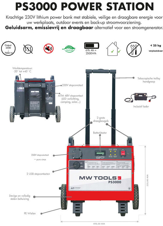 Kraftværk 230 V 2405 Wh 3,5 kW industriel med trolley MW Tools Kraftværk 230 V 2405 Wh 3,5 kW industriel med trolley MW Tools