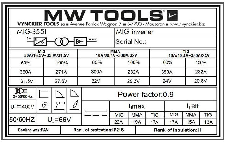 MIG-Industrie-Synergie-Schweißinverter LCD 350A + Zubehör MW Tools
