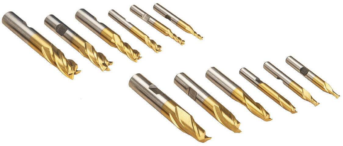 12-teiliger HSS-TiN Fräsersatz, 2-Schneider und 4-Schneider mit Weldonschaft DIN1835B MW-Tech