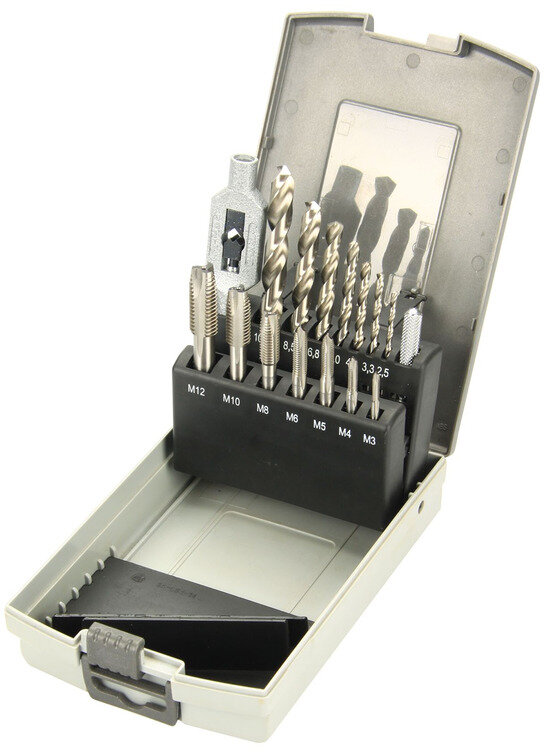 15-delt bore- og gevindskæresæt HSS M3-M12 og 7 bor 2,5-10,2 mm MW-Tech