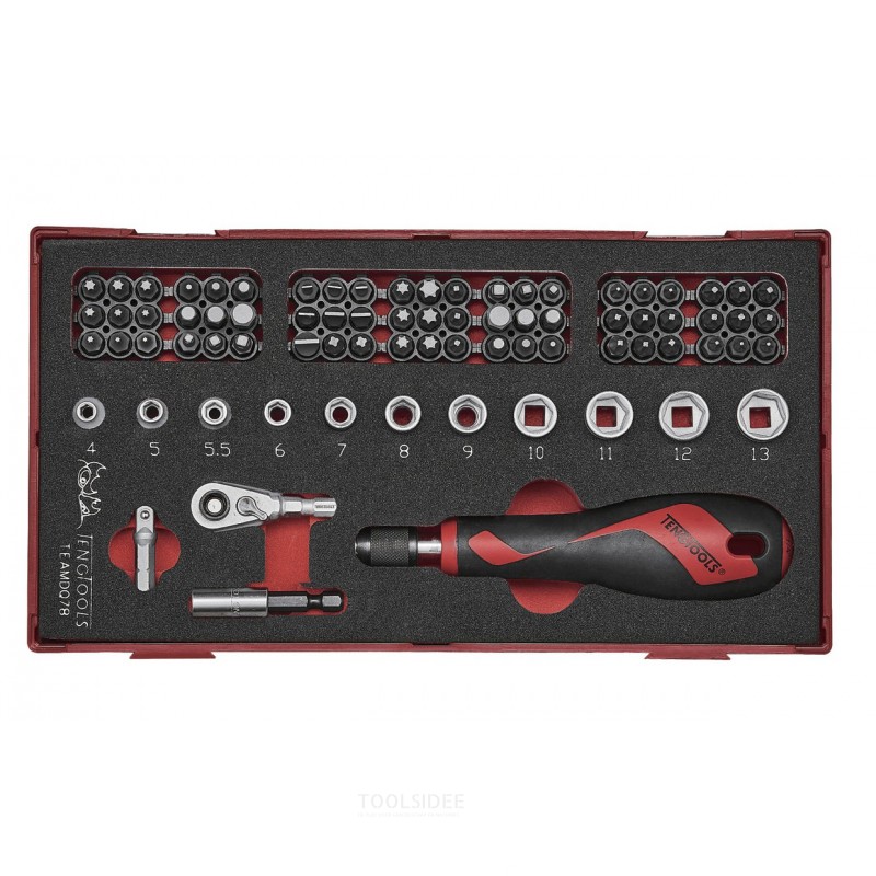 Bits- og topnøglesæt Skum 1 bakke 1/4" flad - ROB - PZ - PH - TPX - TX - GR 78 dele Teng Tools