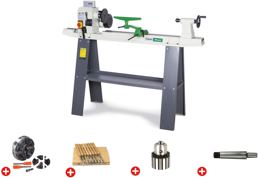 Pakke tredreiebenk 306x900mm + 4-kjevs chuck dia. 100mm + 8 stk. dreieverktøy + chuck + chuckhale Holzstar