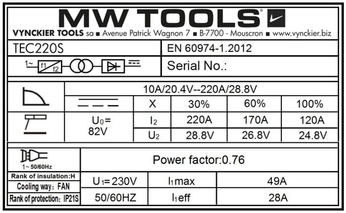Elektrodeinverter LCD 220A 230V + tilbehør MW Tools Elektrodeinverter LCD 220A 230V + tilbehør MW Tools