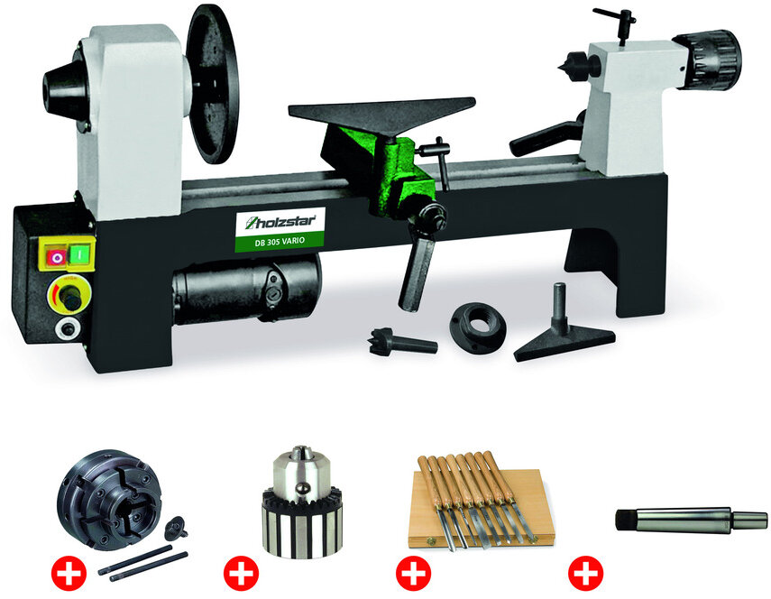 Pakke tredreiebenk 200x305mm + 4-kjevs chuck dia. 100mm + 8 stk. dreieverktøy + chuck + chuckhale Holzstar