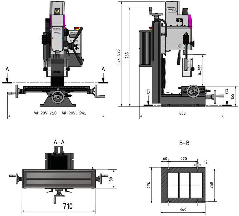 Bore- og fræsemaskine X 480 mm Y 175 mm Z 210 mm MK2/M10 0,75 kW 230V variabel hastighed langt bord Optimill