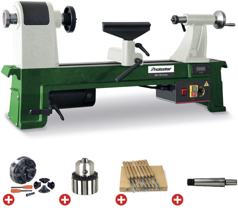 Pakke tredreiebenk 355x510mm + 4-kjevs chuck dia. 100mm + 8 stk. dreieverktøy + chuck + chuckhale Holzstar