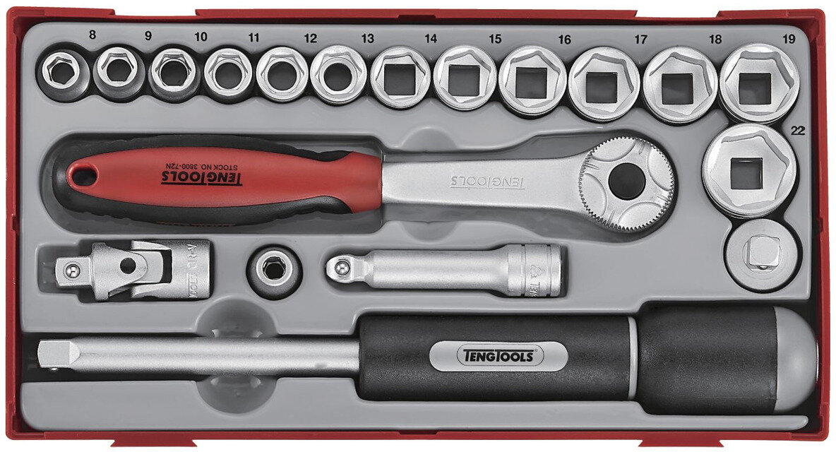 Topnøglesæt TT1 bakke 3/8" 8-22mm 19 dele 6 sider Teng Tools