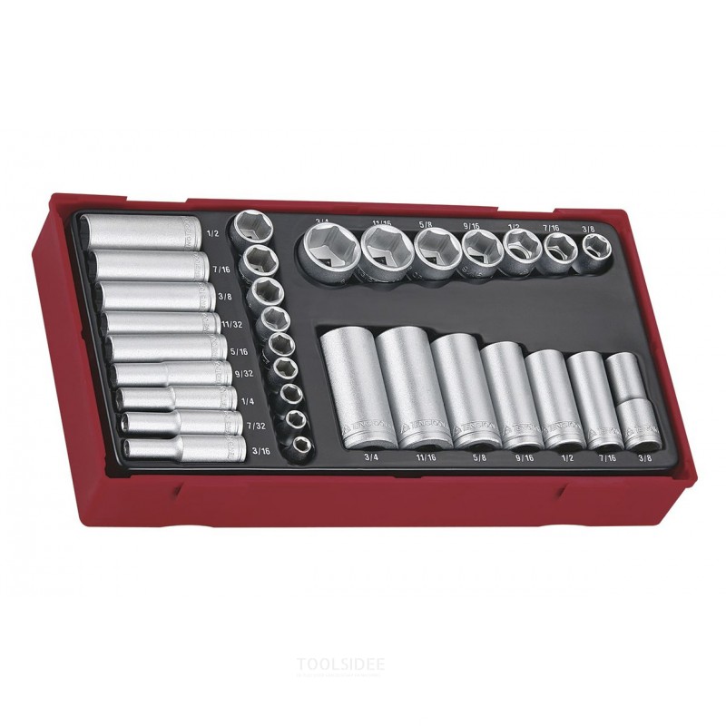Topnøglesæt kort langt TT1 bakke 1/4" fra 3/16" til 1/2" 3/8" fra 3/8" til 3/4" AF 32 dele 6 sider Topnøglesæt kort langt TT1 bakke 1/4" fra 3/16" til 1/2" 3/8" fra 3/8" til 3/4" AF 32 dele 6 sider