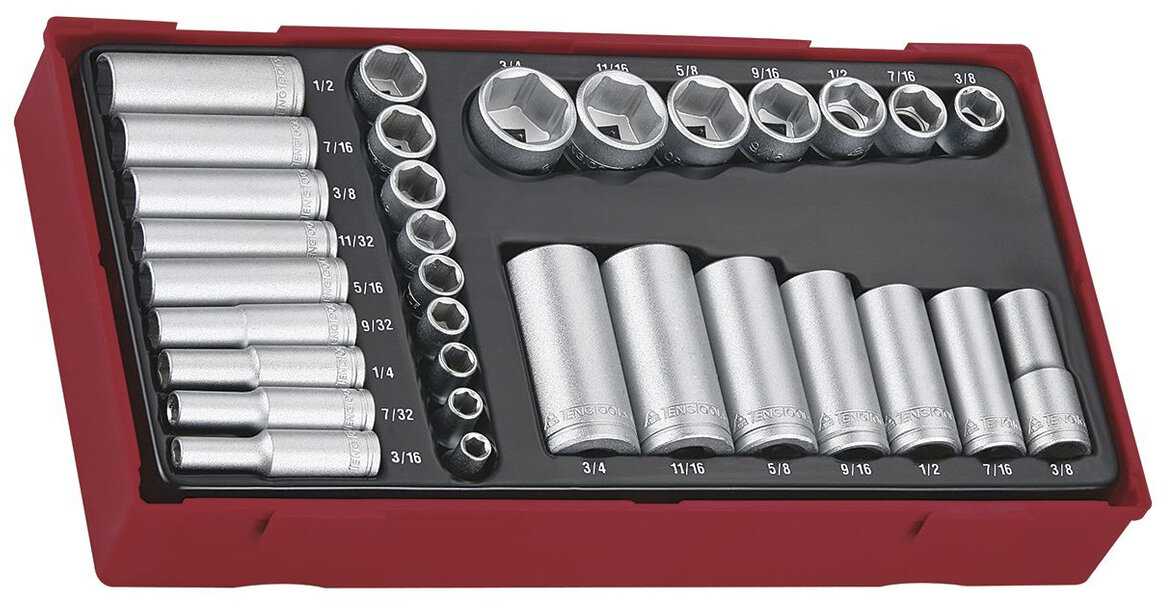 Topnøglesæt kort langt TT1 bakke 1/4" fra 3/16" til 1/2" 3/8" fra 3/8" til 3/4" AF 32 dele 6 sider