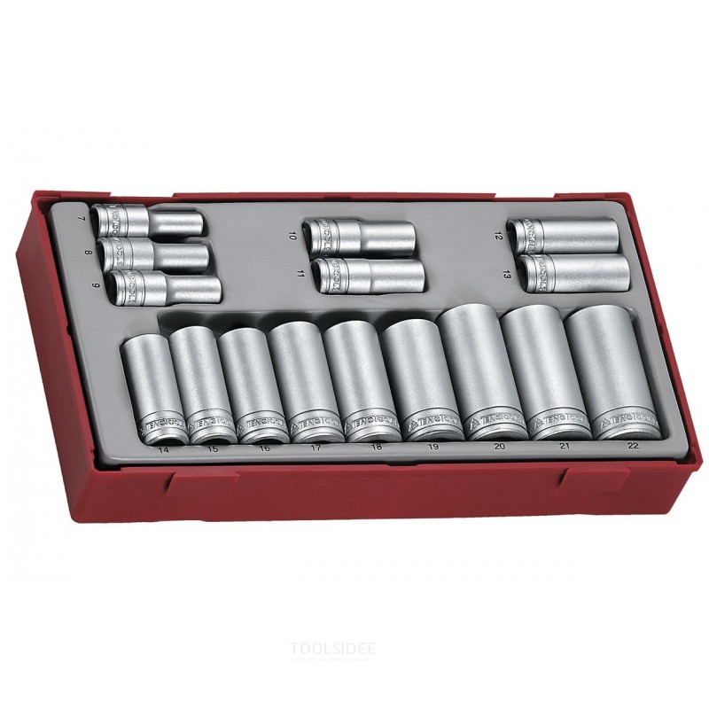 Hylsyavainsarja, syvä TT1-lokero, 3/8" 7-22 mm, 16 osaa, 6 sivua, Teng Tools