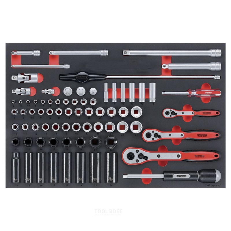 Doppenset en accesoires Foam4x4 tray 1/4"- 3/8" 4- 24mm en 1/2" 77 delig Teng Tools