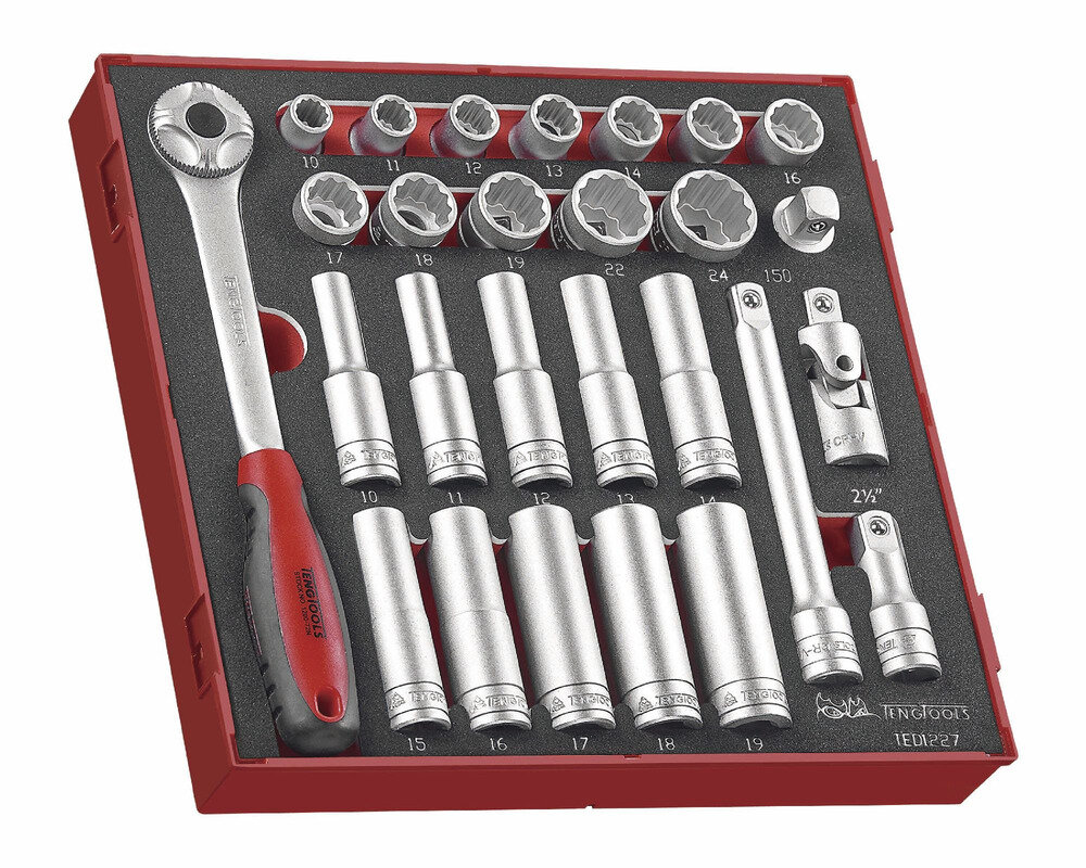 Topnøglesæt Skum 2 bakker 1/2" 10-24mm 27 dele Teng Tools