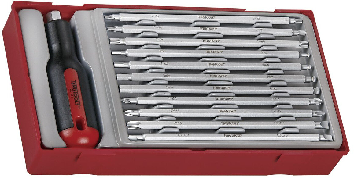 Sett lange bits + håndtak TT1 brett PZ- TX- HEX- PH 12 deler Teng Tools Sett lange bits + håndtak TT1 brett PZ- TX- HEX- PH 12 deler Teng Tools