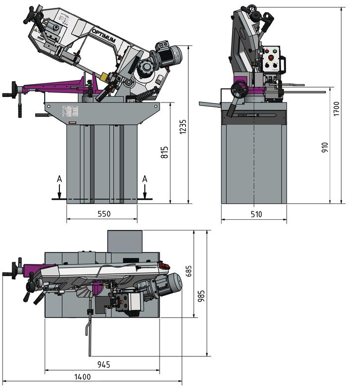 Metalbåndsav 0-60° skærekapacitet ca. 225 mm 1,5 kW 230V variabel hastighed savklingehøjde 27 mm Optisaw