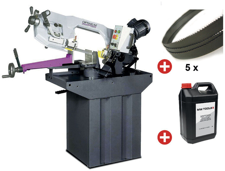 Metallbåndsag 0–60° skjærekapasitet ca. 225 mm 1,1 kW 400 V 45/90 m/min kjøling inkl. 5 båndsager 1 boks kjølemelk Optisaw