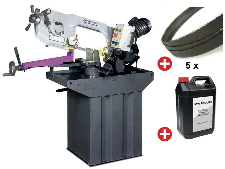 Metallbåndsag 0–60° skjærekapasitet ca. 225 mm 1,5 kW 230 V sagbladhøyde 27 mm inkl. 5 båndsager 1 boks med kjølemelk Optisaw