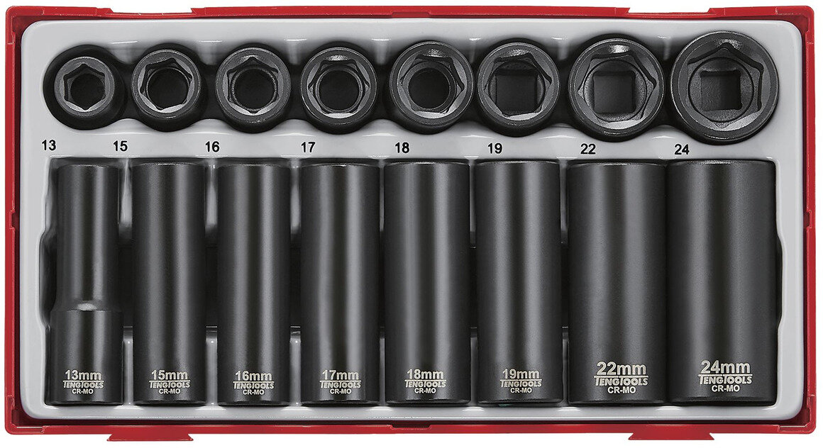 Slagtopnøglesæt kort og lang TT1 bakke 1/2" 13-24mm 16 dele Teng Tools Slagtopnøglesæt kort og lang TT1 bakke 1/2" 13-24mm 16 dele Teng Tools