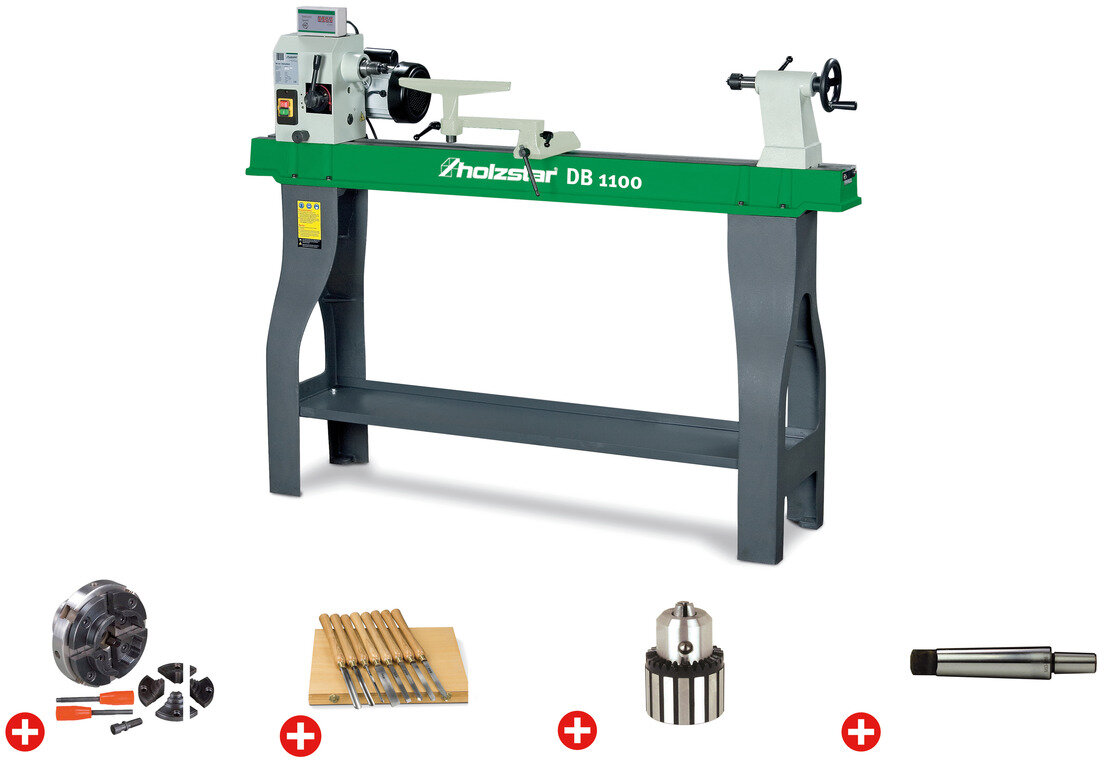 Pakke trædrejebænk 358x1100mm + 4-kæbet patron dia. 100mm + 8 stk. drejeværktøj + borepatron + borepatronhale Holzstar