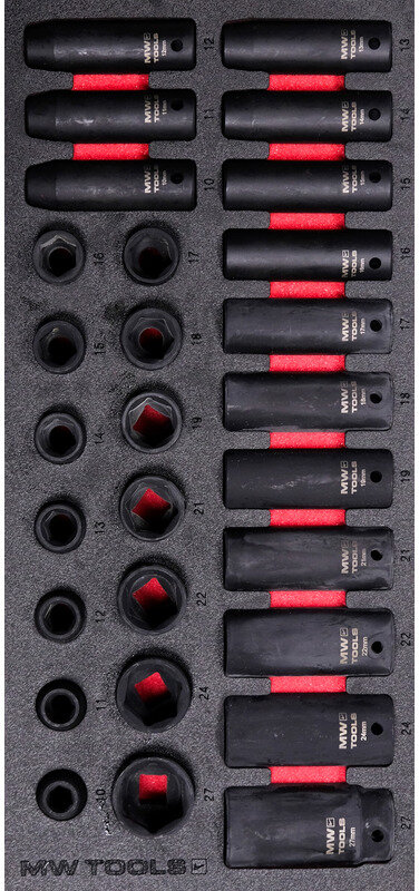 Slagtopnøglesæt skumbakke 1/2 10-27mm 28 dele MW Tools