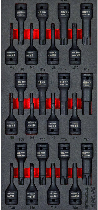 Slagtopbitsæt skumbakke 1/2 TORX- HEX- SPLINE 24 dele MW Tools