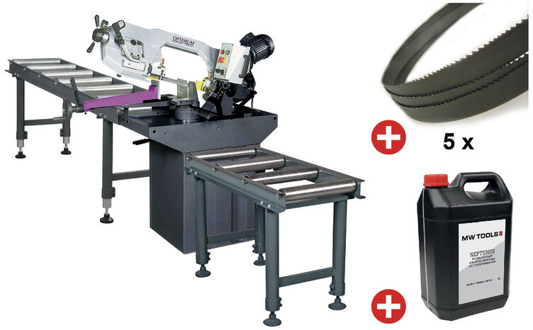 Metalbåndsav 0-60° skærekapacitet ca. 225 mm 1,1 kW 400V inkl. 2 rullebaner 1M-2M 5 båndsave 1 dåse kølemælk Optisaw