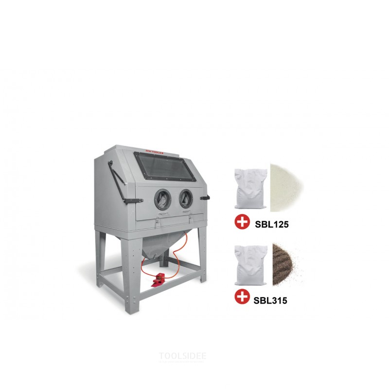 PAKKAUS ammattimainen puhalluskaappi 990 L, jossa 25 kg lasihelmiä ja 25 kg ruskeaa korundia MW Tools