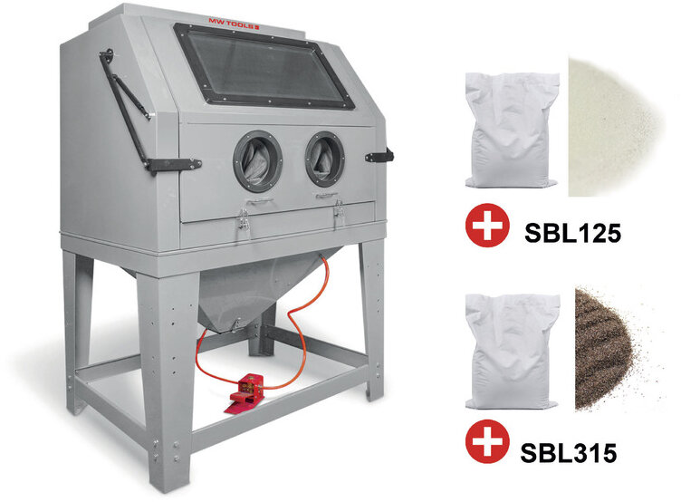 PACK Profi-Strahlkabine 990 L mit 25 kg Glasperlen und 25 kg Braunkorund MW Tools