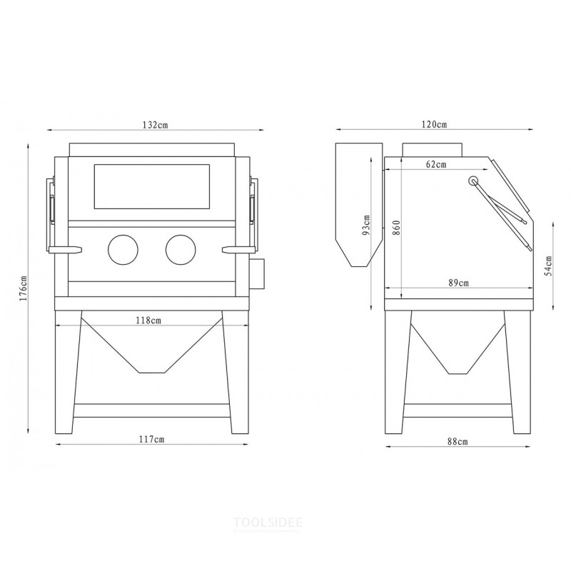 PAKKAUS ammattimainen puhalluskaappi 990 L, jossa 25 kg lasihelmiä ja 25 kg ruskeaa korundia MW Tools