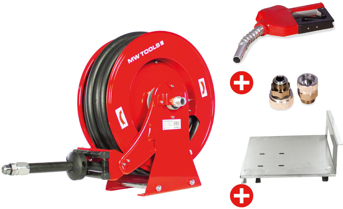 Dieselhaspel 10 m Ø 3/4 20 bar Stahl pulverbeschichtet mit Pistole, Drehkupplung und Montageplatte MW Tools
