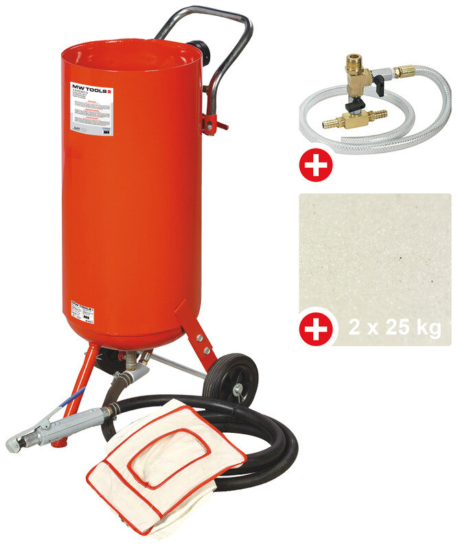 Mobiler Strahlkessel + Sodastrahl-Kit + 2 Beutel SO25-Strahlmittel MW Tools Mobiler Strahlkessel + Sodastrahl-Kit + 2 Beutel SO25-Strahlmittel MW Tools
