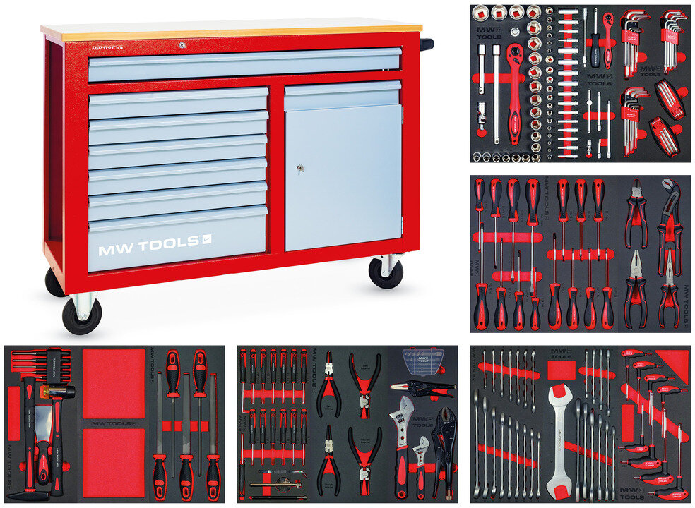 Fyldt værktøjsvogn med skab STARTER 212-delt MW Tools Fyldt værktøjsvogn med skab STARTER 212-delt MW Tools