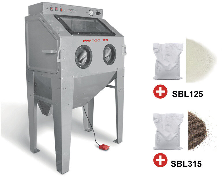 PACK Strahlkabine 415 L mit 25 kg Glasperlen und 25 kg Braunkorund MW Tools