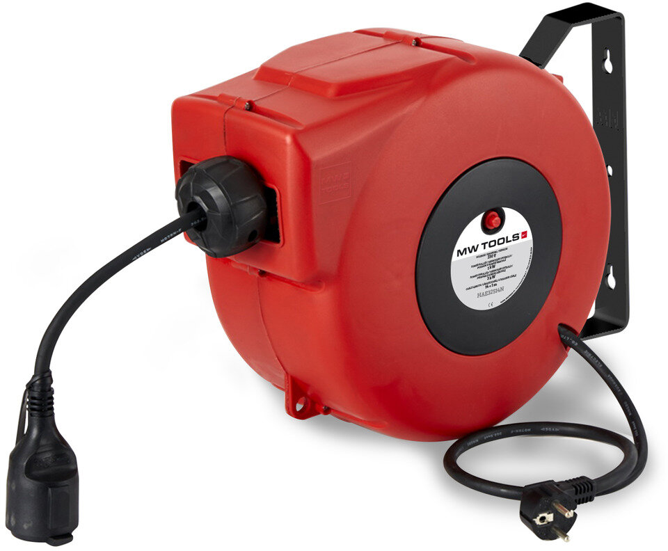 Kabelspole 14 m 3G 2,5 mm² 230V Polypropylen med automatisk opprulling og svingbart veggfeste MW Tools