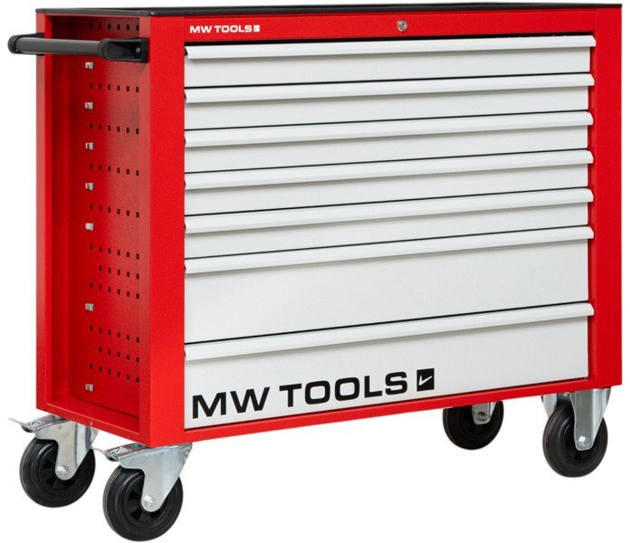 Rød/grå værktøjsvogn med 7 skuffer, 1055 mm bred, 160 mm hjul. MW Tools
