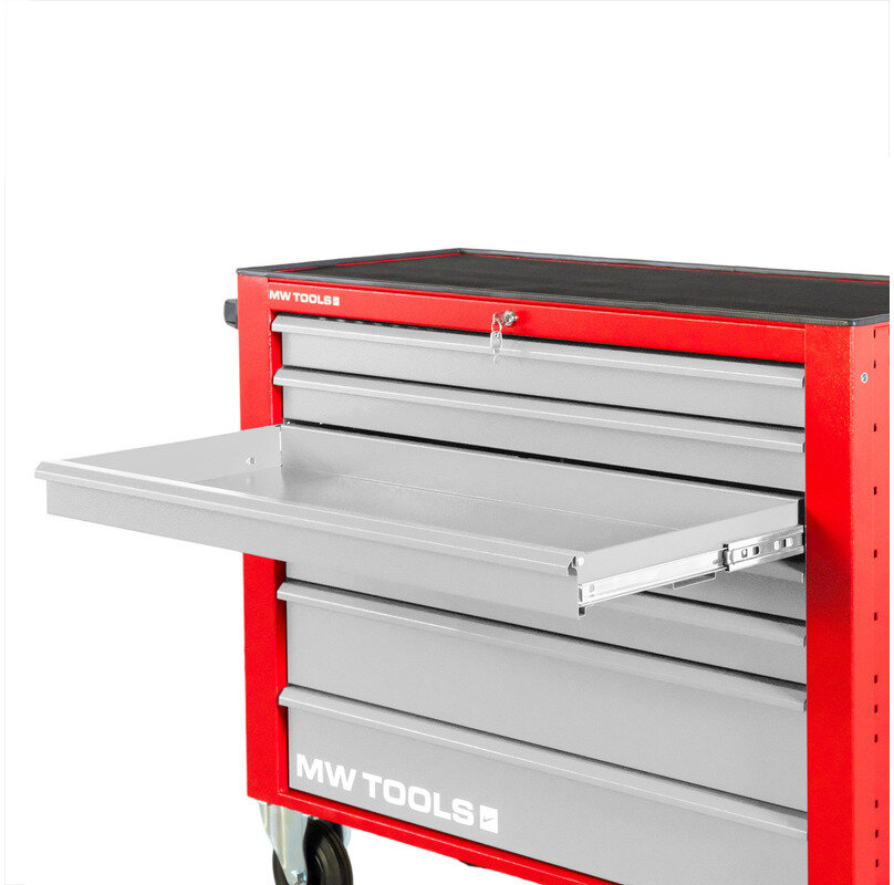 Rød/grå værktøjsvogn med 7 skuffer, 1055 mm bred, 160 mm hjul. MW Tools