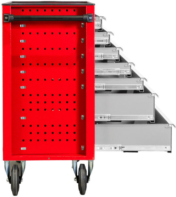 Rød/grå værktøjsvogn med 7 skuffer, 1055 mm bred, 160 mm hjul. MW Tools