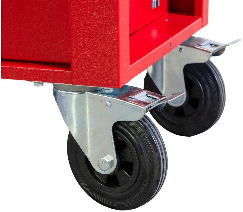 Rød/grå værktøjsvogn med 7 skuffer, 1055 mm bred, 160 mm hjul. MW Tools