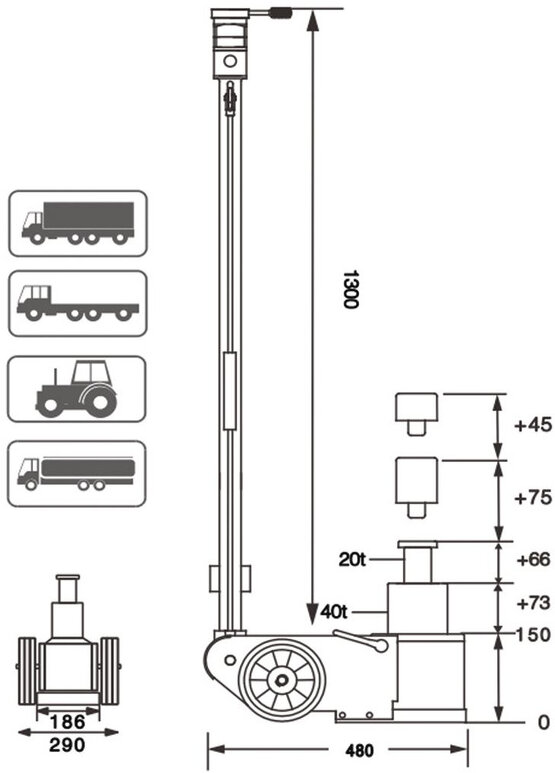 Hydropneumatisk jekk 20–40 T 2-trinns MW-verktøy