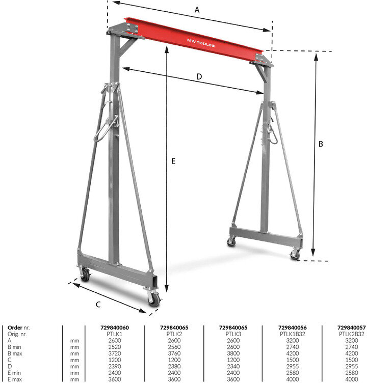 Portalkran 2T + elektrisk talje og løpekatt 500/1000kg MW Verktøy