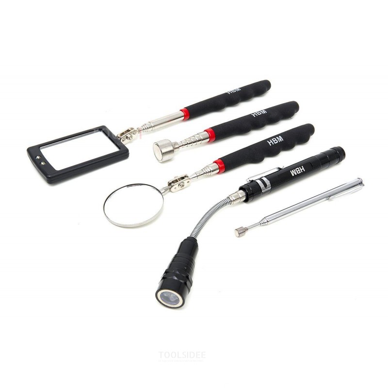 HBM magneetgereedschappenset 5-delig met LED lamp, spiegels en pick-up magneten