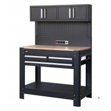 HBM banco de trabajo 114 cm con 3 cajones, pared de armarios y panel trasero, negro. HBM banco de trabajo 114 cm con 3 cajones, pared de armarios y panel trasero, negro.