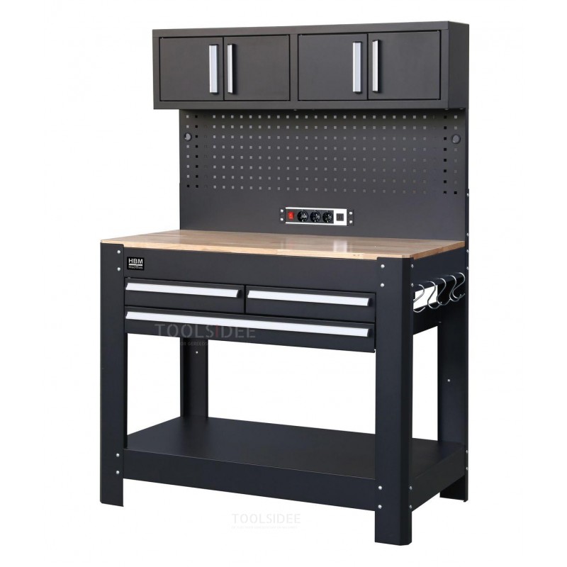 HBM banco de trabajo 114 cm con 3 cajones, pared de armarios y panel trasero, negro. HBM banco de trabajo 114 cm con 3 cajones, pared de armarios y panel trasero, negro.