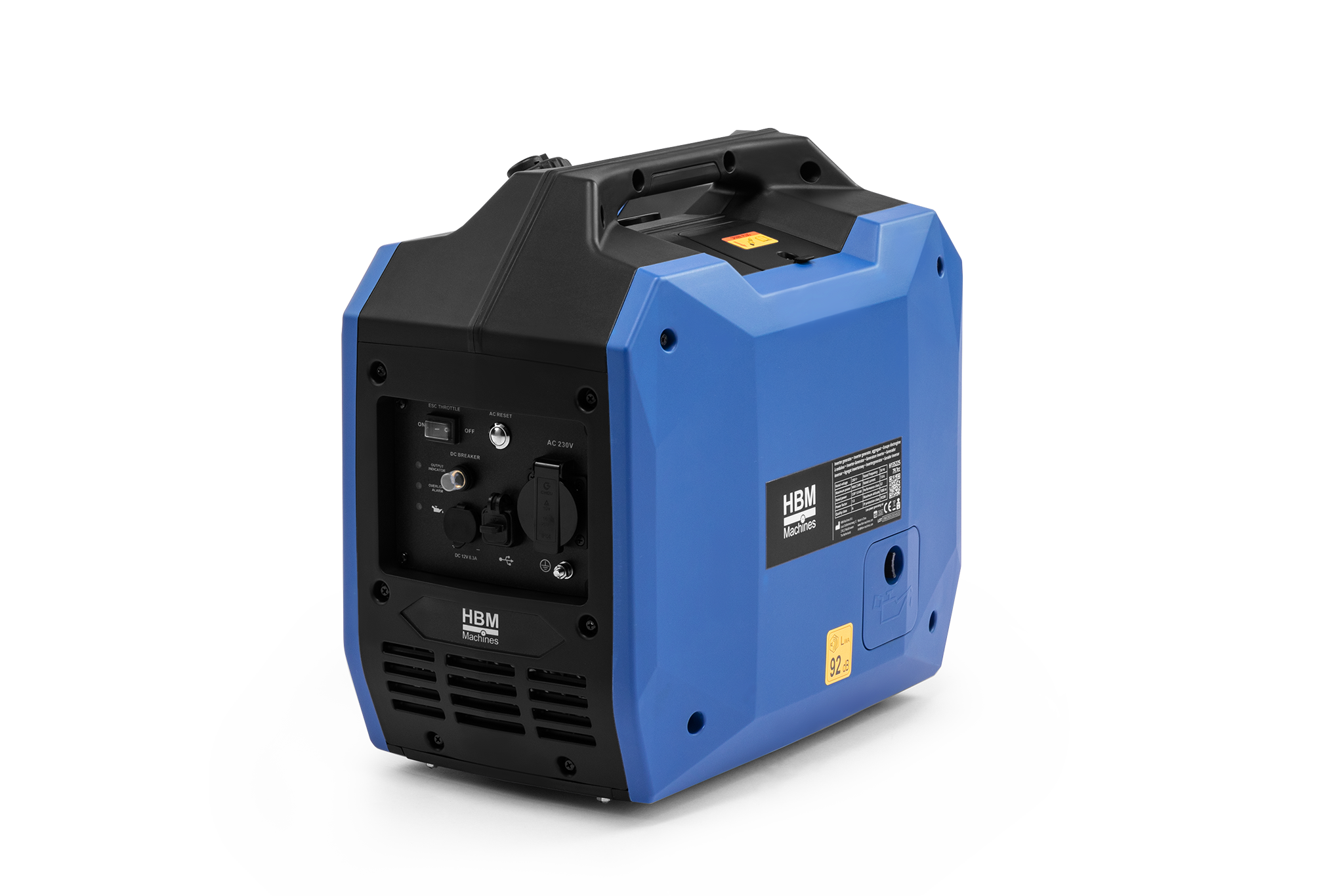 HBM inverter aggregat 79,7 cc benzinemotor 230V 2000W bærbar 1-fase IP23M USB-A/USB-C