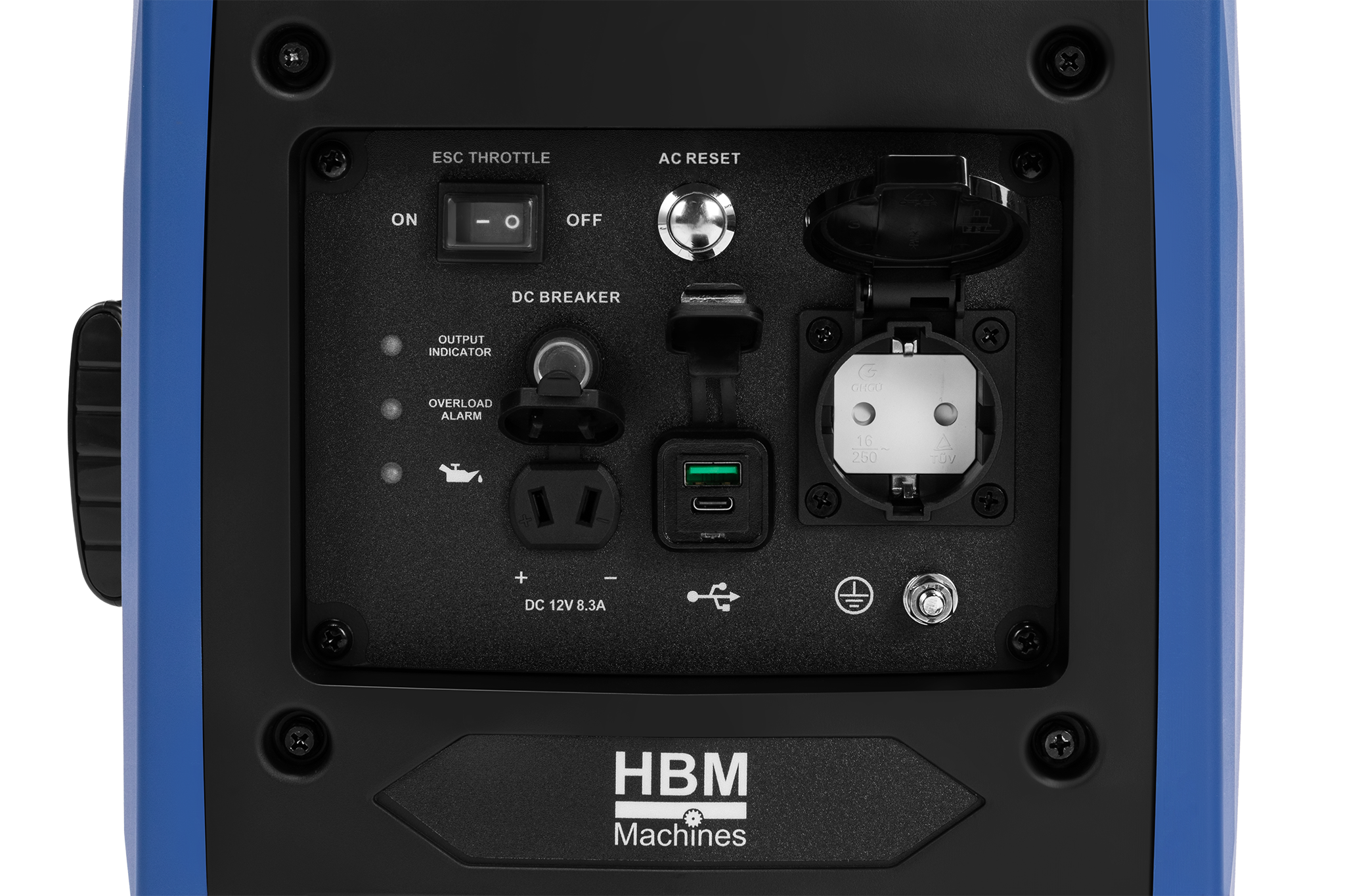 HBM inverter aggregat 79,7 cc benzinemotor 230V 2000W bærbar 1-fase IP23M USB-A/USB-C
