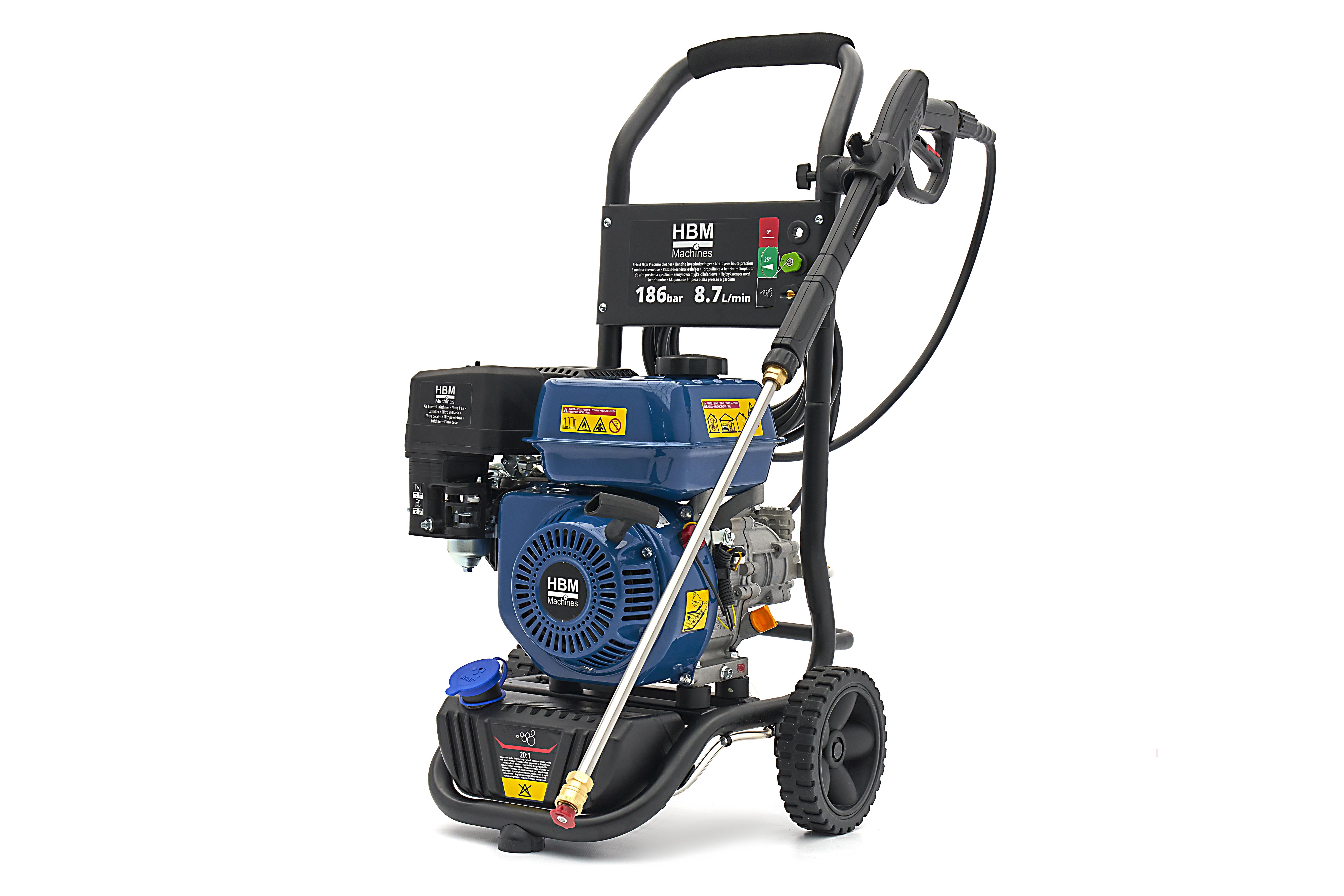 HBM benzine hogedrukreiniger 186 bar 8,7 l/min 196 cc 4-takt trekstart 7,6 m slang
